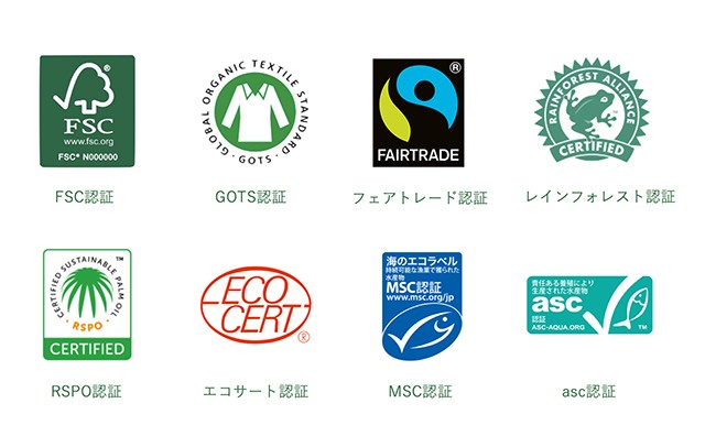 エシカルな製品の認証ラベルの例